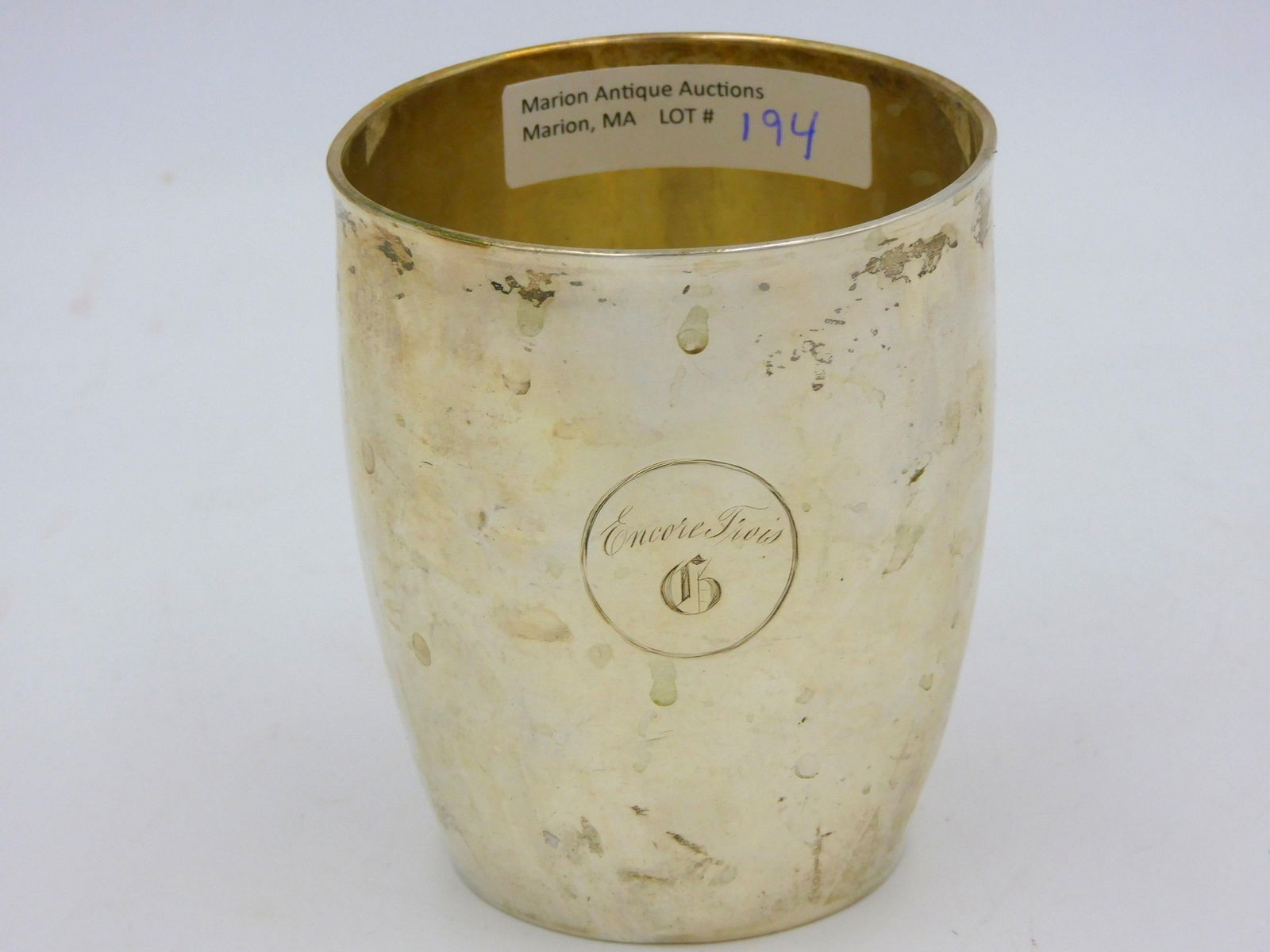 American Coin Silver Beaker. Early 19th century.: Silver beaker made by William Moulton of Newburyport, Massachusetts. Stamped on bottom. Monogrammed encore trois and a letter g. 3 3/8" high. Shows some dents. 3.03 ozt. Please note: this lot must be