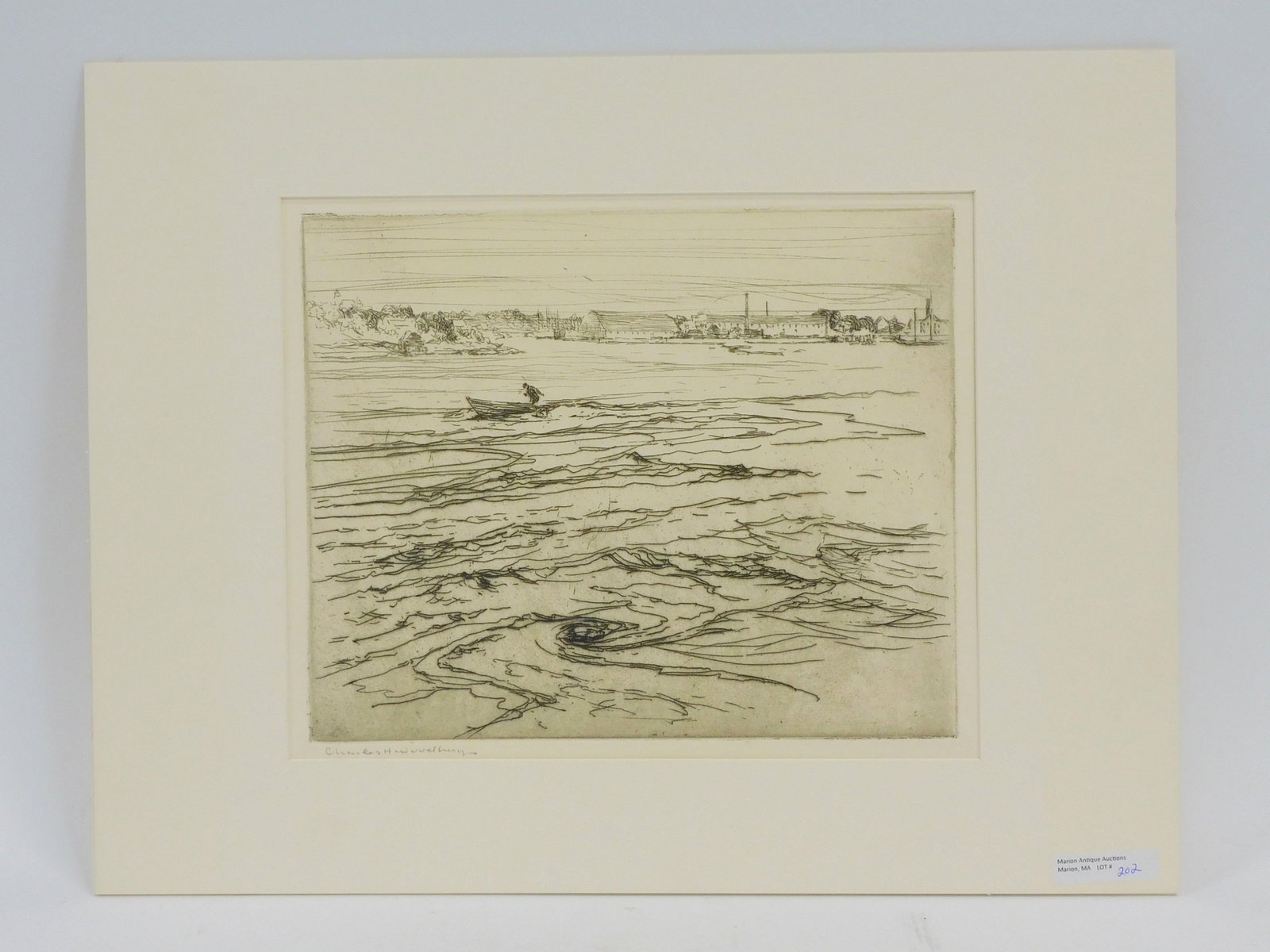 Charles H. Woodbury (1864-1940, Massachusetts): etching. Titled "The Racing Tide A 77". Signed in pencil lower left side. Titled lower left corner. Sight size 8 3/4" by 10 1/2". Sheet size 11 1/2" by 15 1/2". Good condition. Provenance: Northeast A