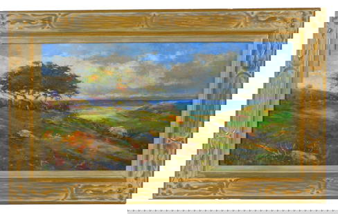 Louis H. Richardson (1853-1923, New York,: Massachusetts) Dated 1920. Oil on canvas painting of a landscape possibly Barney's Joy in South Dartmouth, Massachusetts. Signed and dated lower right. In a carved period frame. Sight size 11" high by