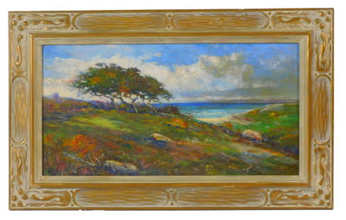 Louis H. Richardson (1853-1923, New York,: Massachusetts) Dated 1920. Oil on canvas painting of a landscape possibly Barney's Joy in South Dartmouth, Massachusetts. Signed and dated lower right. In a carved period frame. Sight size 11" high by