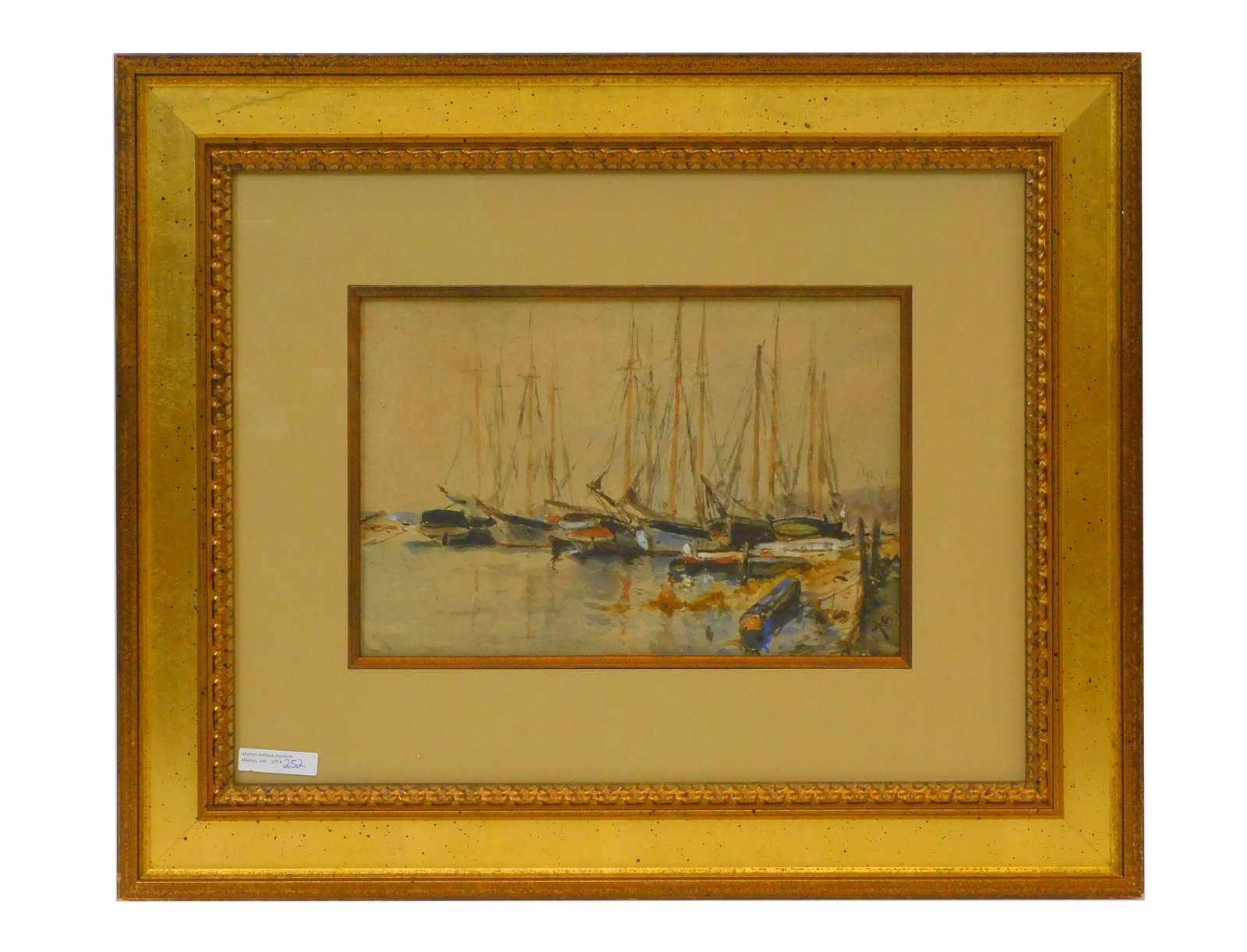 Arthur Quarterly (1839-1886, New York, Maryland,: England, France) 19th century. Harbor View. Mixed media on paper of ships moored in port. Monogrammed lower right. Framed and glazed under glass In a gilt frame with a wide mat. Sight size 8" high by 