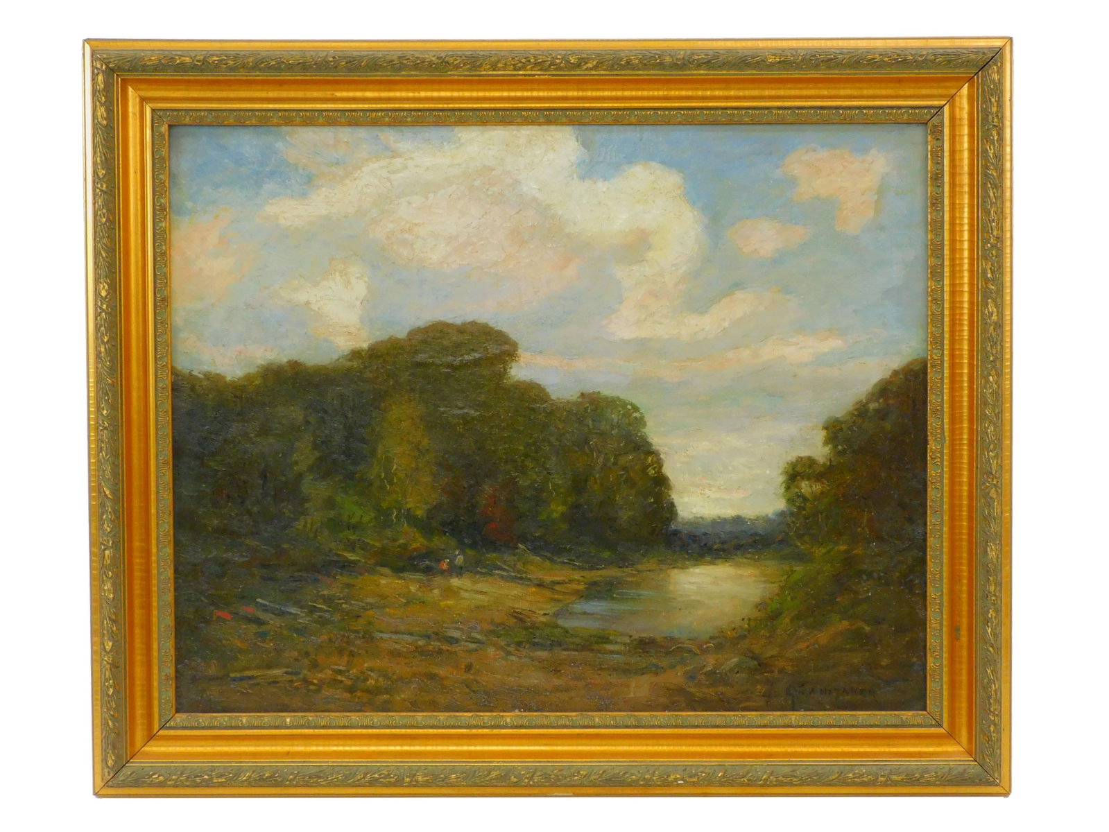 George W. Whitaker (1841-1916, Rhode Island, New: York, Massachusetts) oil on canvas. Believed to be Mackeral Cove in Jamestown, Rhode Island. Gesso and molded gold gilt frame. Signed lower right. Sight size 22" by 28". Overall size 27 1/2" by 33 1/2