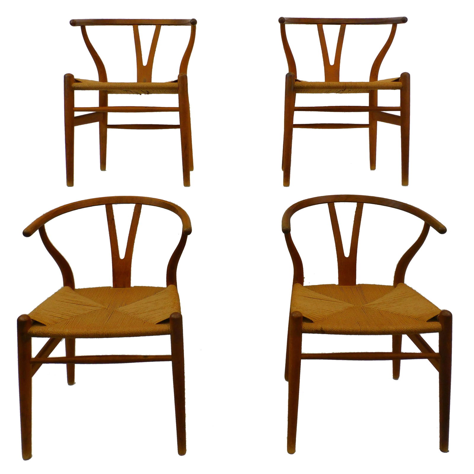 (4) Hans Wegner for Carl H Wishbone Chairs. A set: of (4) vintage signed armchairs by Carl Hansen & Sons, Denmark. Made in Denmark. Marked on the underside of chairs. Each chair measures 28 1/2" high by 19 1/2" wide by 20" deep. Seat height 17".