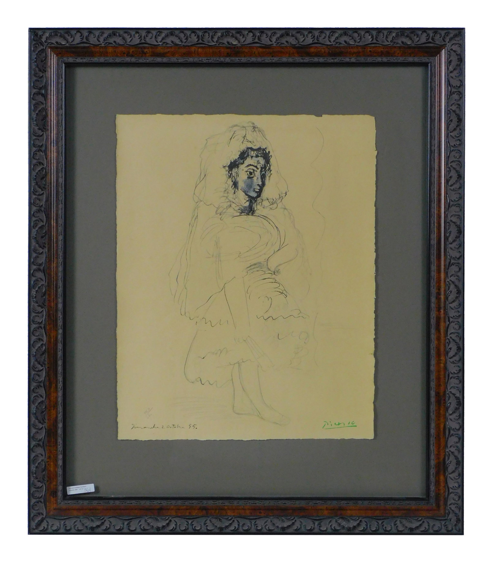 After Pablo Picasso (1881-1973, Spain and France): Jacqueline en Espagnole numbered lithograph. Circa 1967. Signed in plate. Numbered 167/500. Sight size 20 1/2" by 16 1/2". Overall size 32 1/2" by 28".