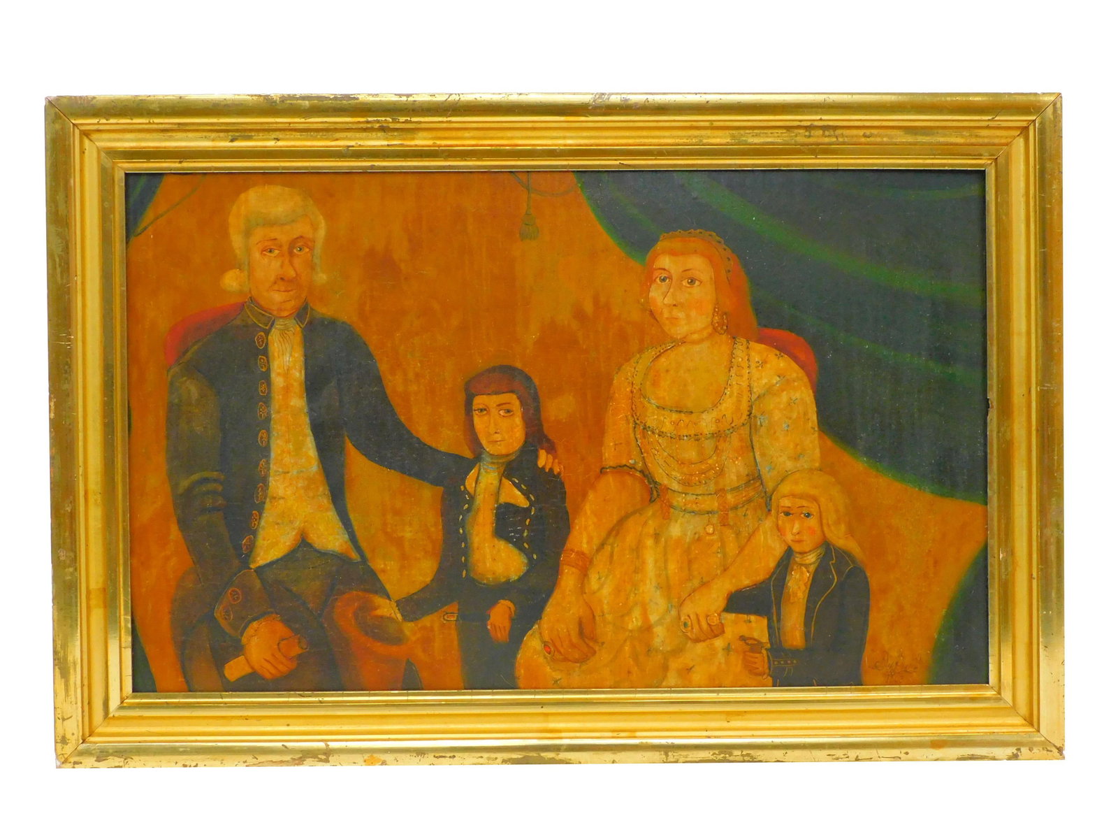 American School Family Portrait. Possibly 19th: century. A primitive family portrait signed Silas Rhykill 1803. Oil on artist board. Dark varnish overcoat. Gilded frame. Sight size 10 1/2" high by 17 1/2" wide. Overall 13 3/4" high by 20 3/4" wide.