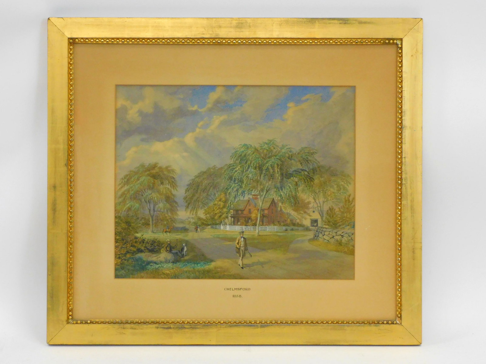 Asa Coolidge Warren (1819-1904, New York,: Massachusetts) watercolor on paper of Col. Simeon Spaulding house, built 1728, Chelmsford, Massachusetts. Signed in rock lower left. Dated 1858. Gold gilt wooden frame. Sight size 14 1/2" by 17 3/4". 
