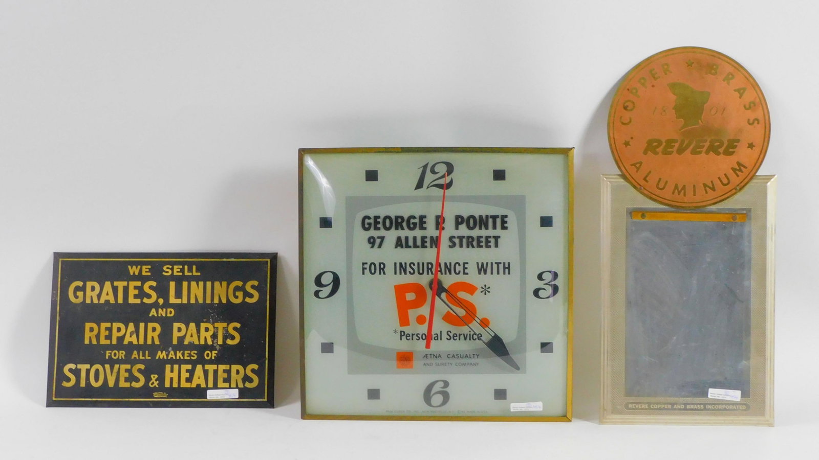 Three-piece advertising to include a Revere: copper and brass metal clipboard advertising sign 21" high by 9 1/2" wide shows minor wear. A metal sign for stoves and heaters 9 1/2" high by 13 1/2" wide, minor pitting. A George P Ponte illuminated
