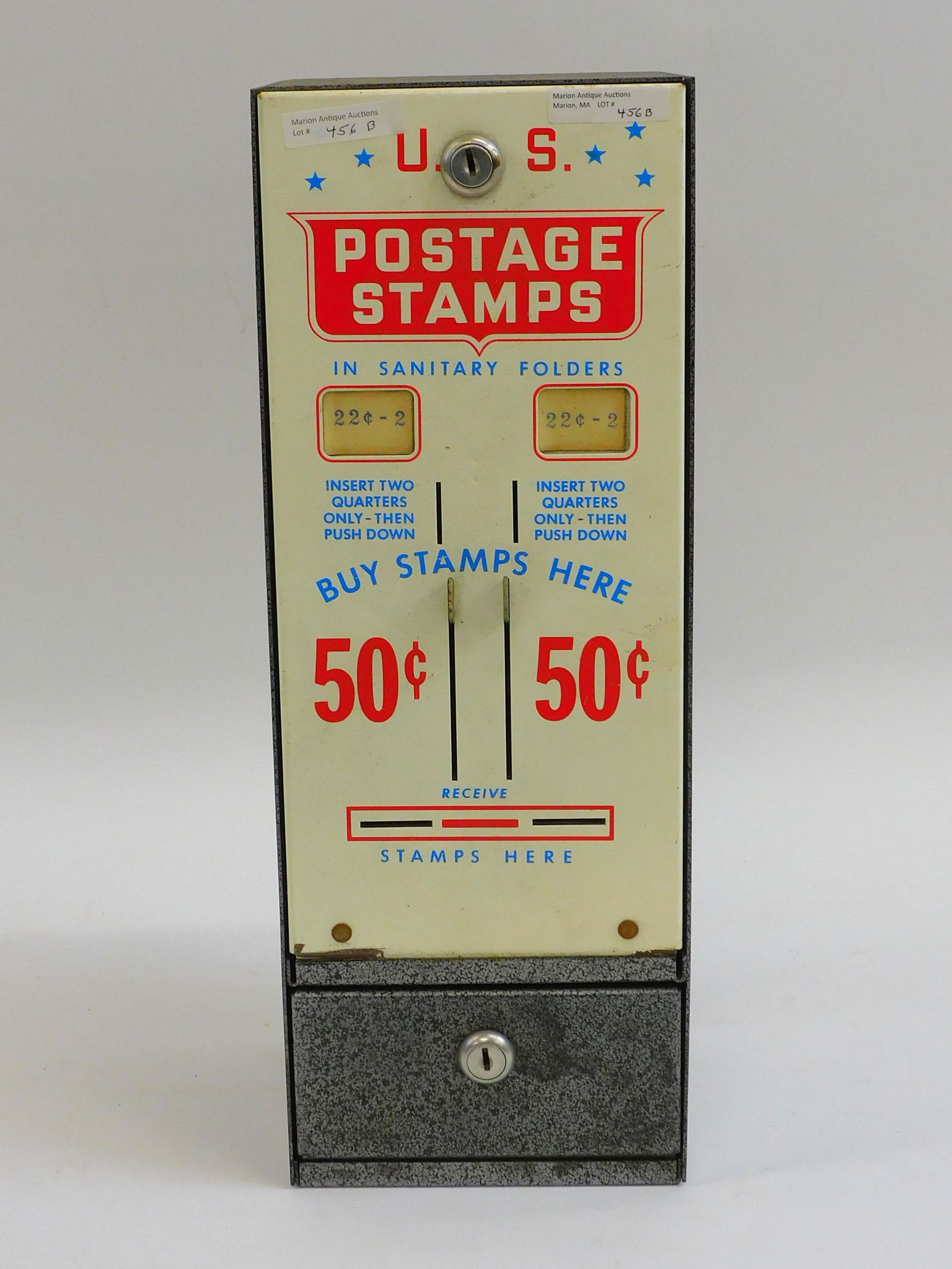 Postage stamp dispenser 50 cents 17 1/2" high by: 6 1/2" wide by 6" deep. No key, unknown working condition.