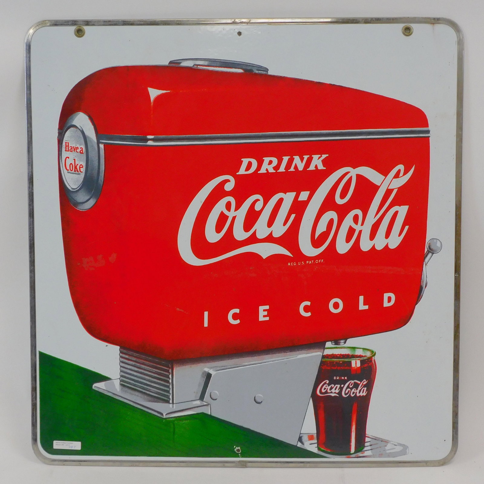 Vintage two-sided enamel Coca Cola sign, 28" high: by 27" wide, good original condition.