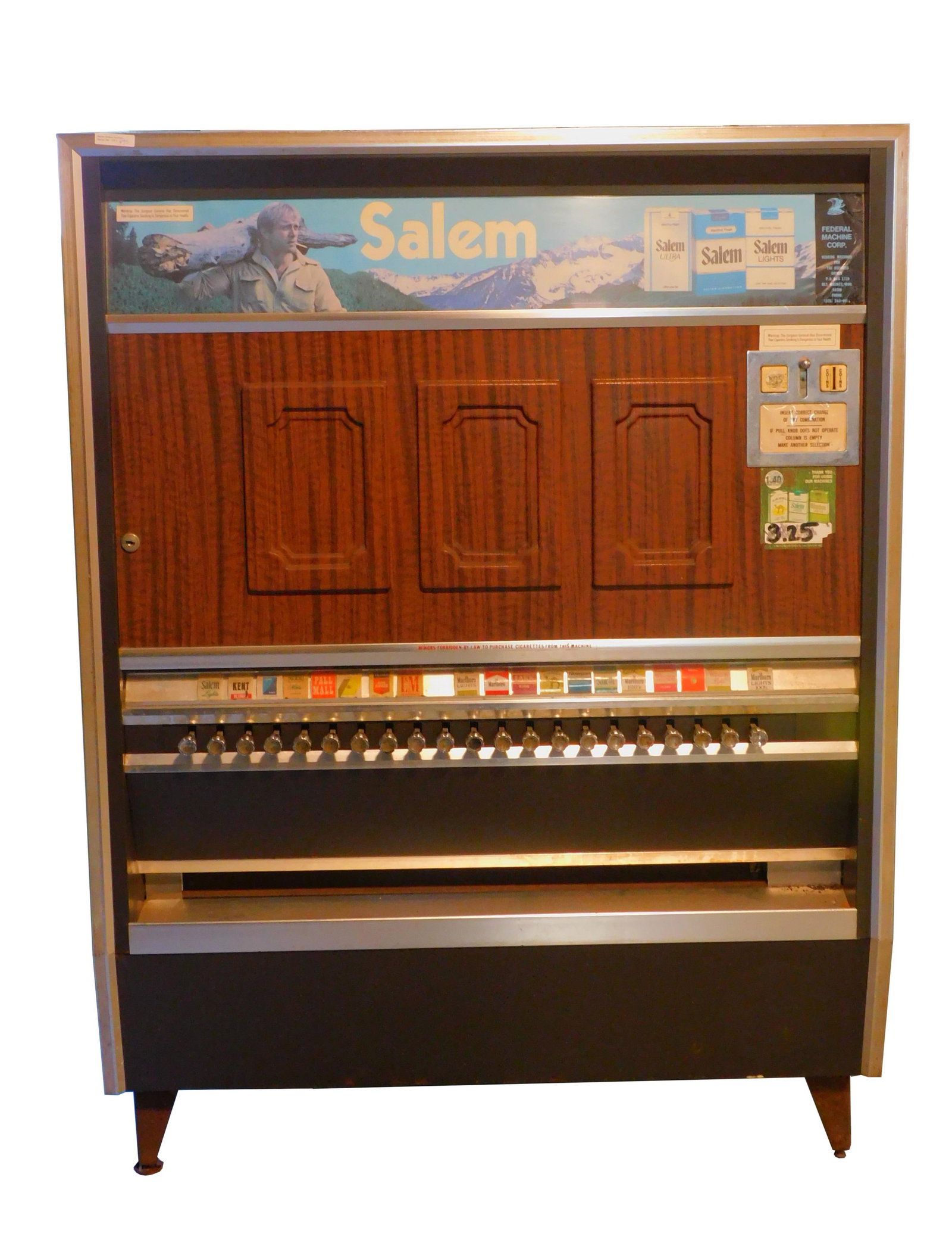 Vintage cigarette machine by Federal Industries.: 51" high by 38 1/2" wide by 21" deep.