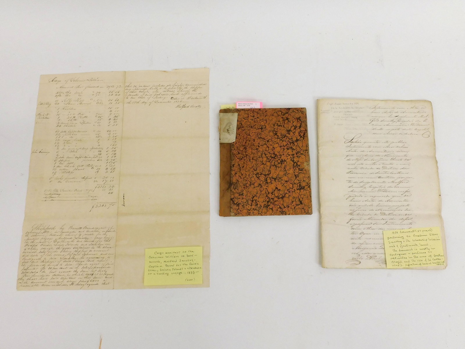 of (2) whaling documents and (1) account book. To: include: an 1839 document with 27 pages pertaining to Captain Swain Isaac Smalley and the whaleship William out of Dartmouth, Massachusetts. The document is mostly in Portuguese and pertains to activi