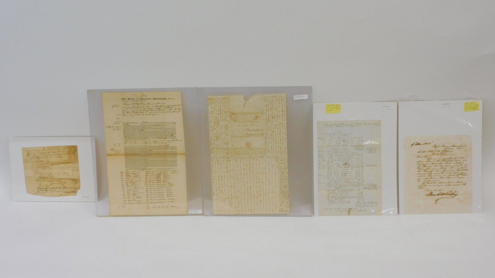 (5) 19th century Whaling documents. To include:: an 1864 letter from Port St. Louis to Captain Charles H Gifford of the Whaling Bark China. 10 1/2" by 9". Shows some foxing. An 1851 accounting statement for the Whaleship Falcon. 12 3/4" by 8 1/4". G