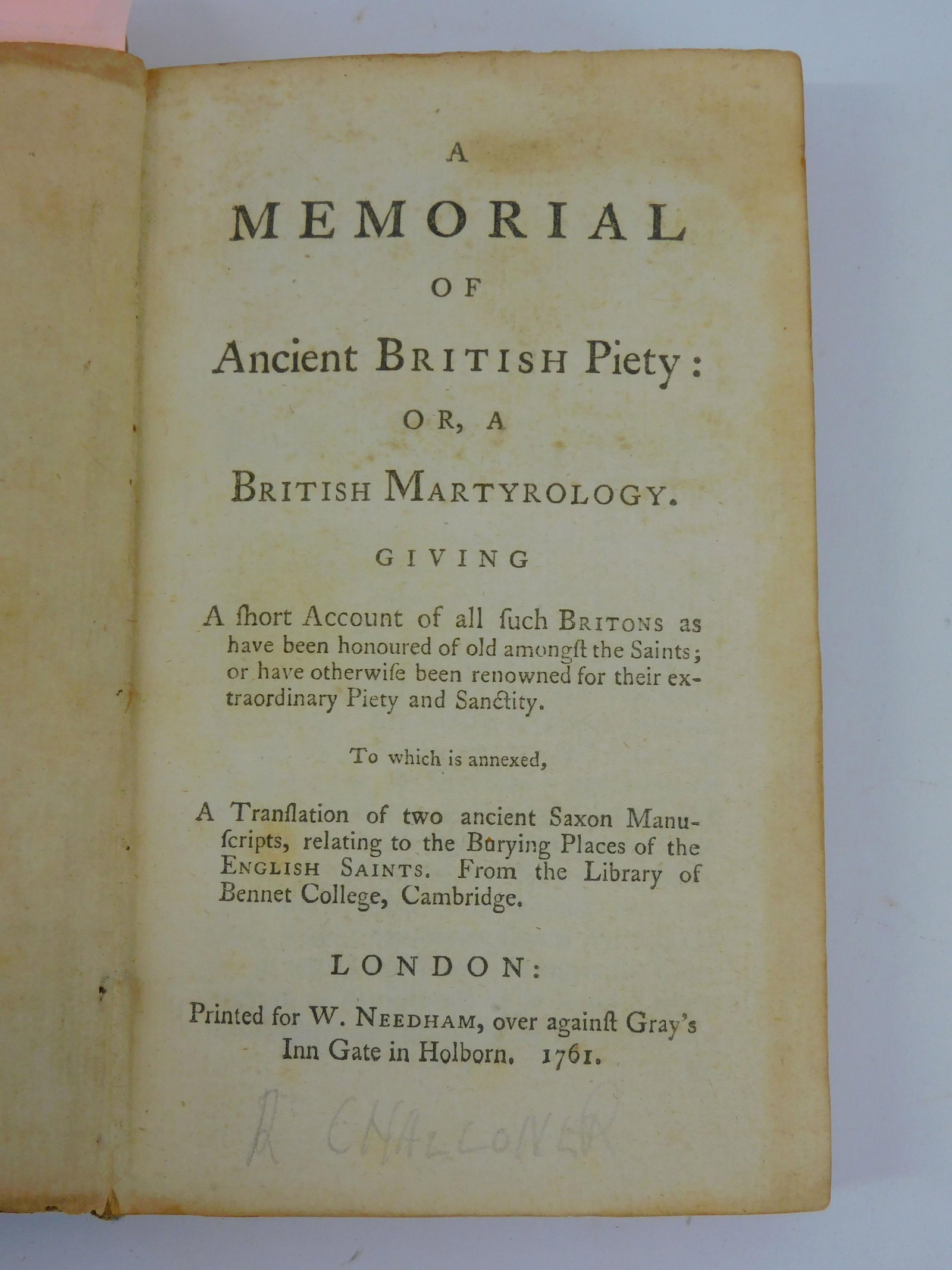 Challoner, A Memorial of Ancient British Piety or: a British Martyrology, London 1761. A scarce early copy, full calf 12 mo size with detached front board, contains a list of Martyred Catholics. Excellent example of his highly desirable bookplate. Pro