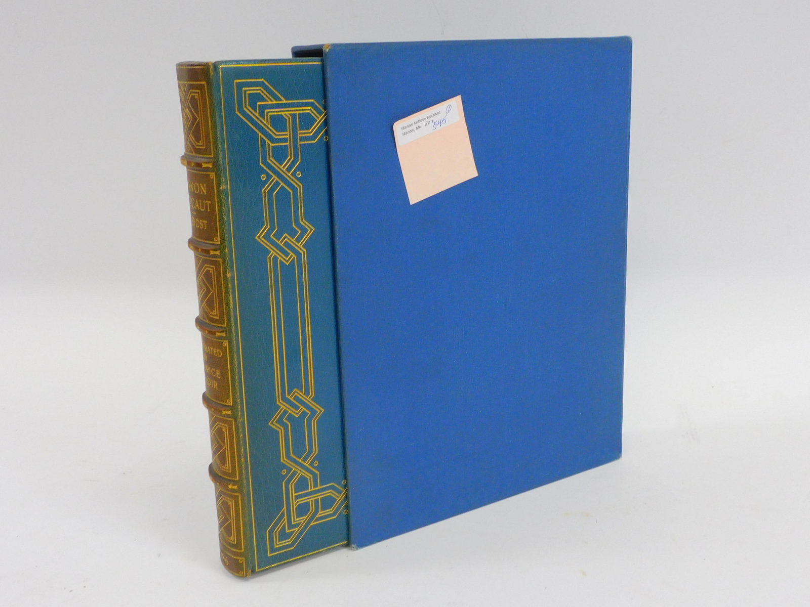Super Bayntun binding of Manon Lescaut by Prevost: in full light blue levant, gilt decoration on both covers and spine (some dark ending). Illustrated by Maurice Seloir. All edges gilt folio leather from surrounds on end papers. An outstanding example