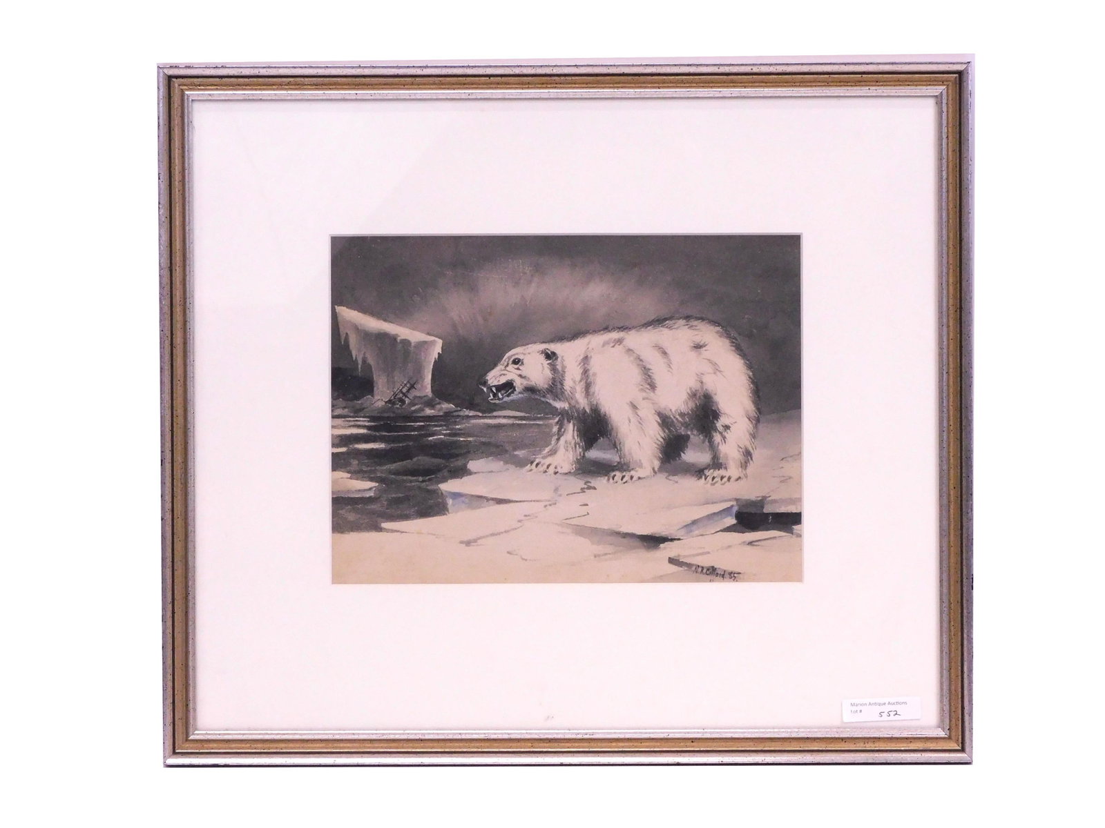 Nathan Roswell Gifford, American 19th c gouache: drawing of a polar bear on an ice flow with shipwreck in the distance, titled "The Intruder", sight size 8" by 10 1/2", in white and silver gilt frame 16" by 18".