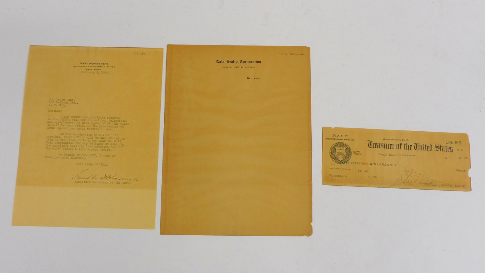 Autographed signed letter by Franklin Delano: Roosevelt, dated February 6, 1918, as Secretary of the Navy, to Louis Haas, Madison Avenue, New York City. An interesting text dealing with the Navy's borrowing binoculars for use in World War I. Alon