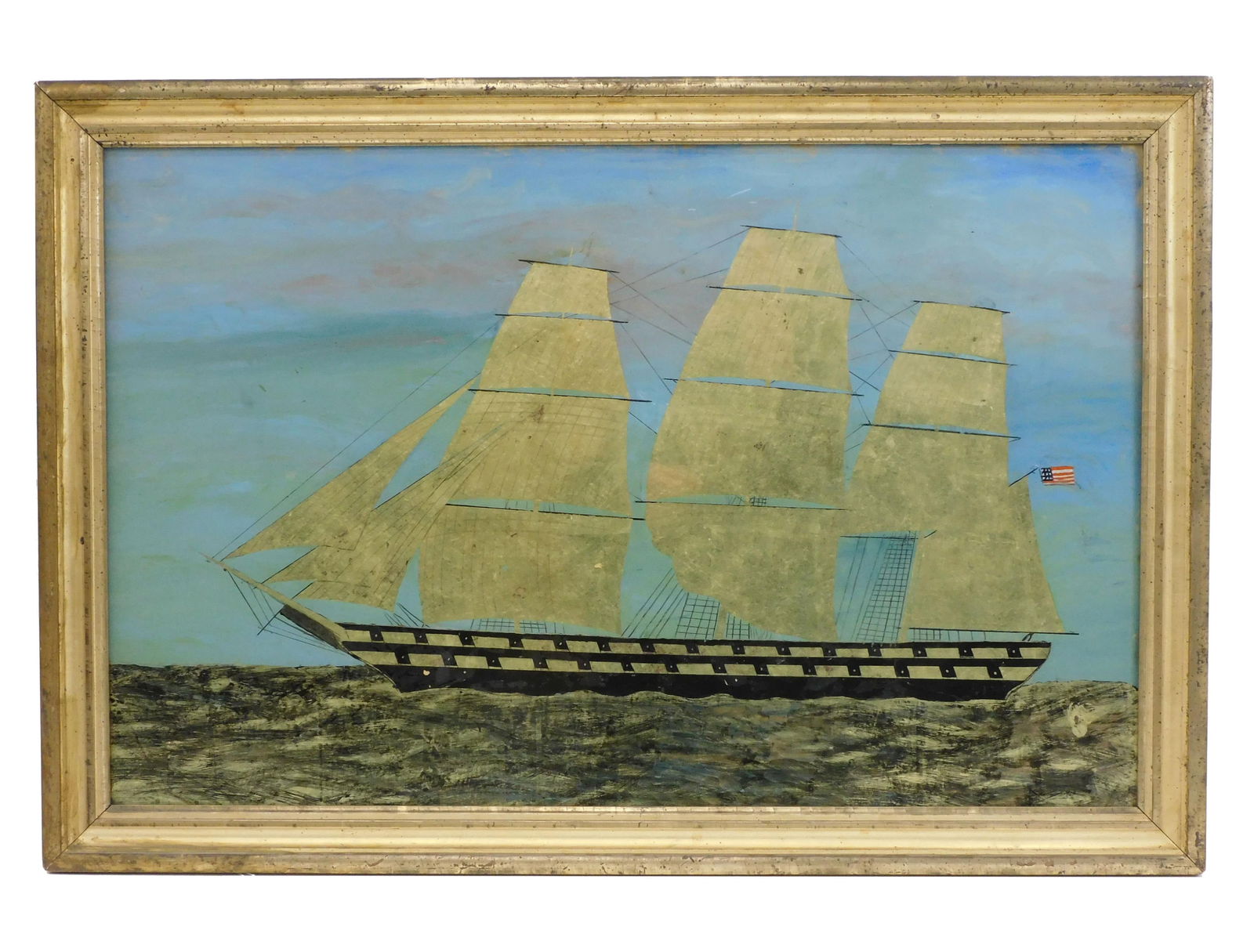 American Reverse Painting on Glass of Ship. Early (1 of 2)