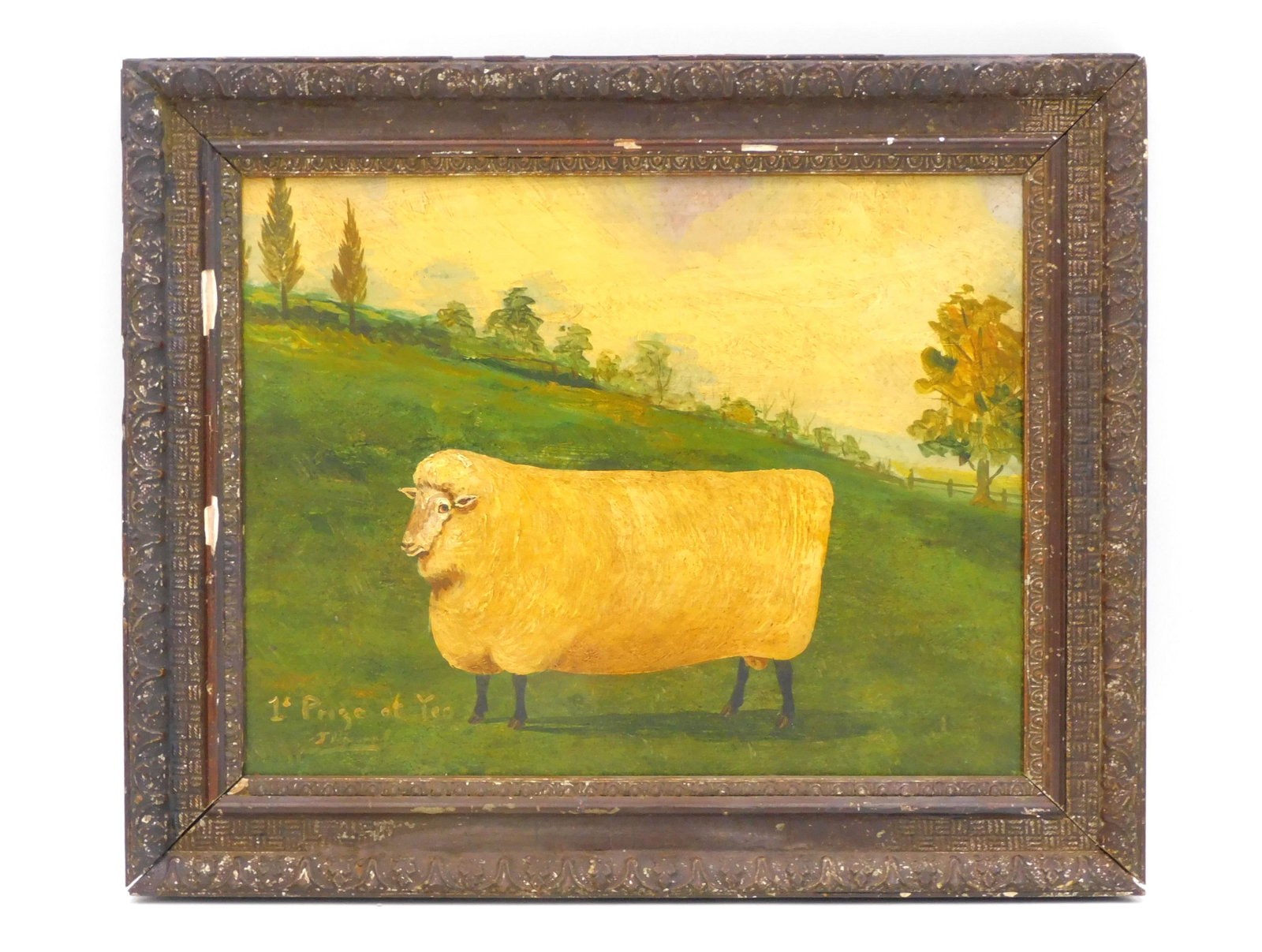 Primitive sheep portrait. 19th century. Oil on: board depicting a sheep, titled and signed lower left. Good overall condition, frame shows some loss to gesso. 8 3/4" x 11" sight size, overall with frame 11 ?" x 13 ?".