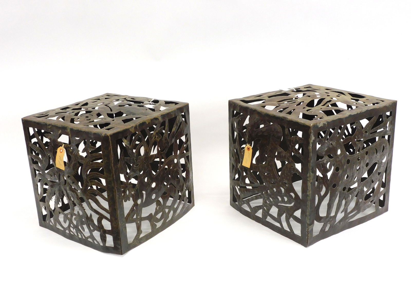 Jean Pierre Bernard (20th century Haiti), for: Harvey Probber torch-cut, welded and chased steel cubes. One is signed. Made in Croix-des-Bouquets, Haiti, circa 1960's to 70's. Made of recycled steel drums. Typical of Haitian folk art, these cubes