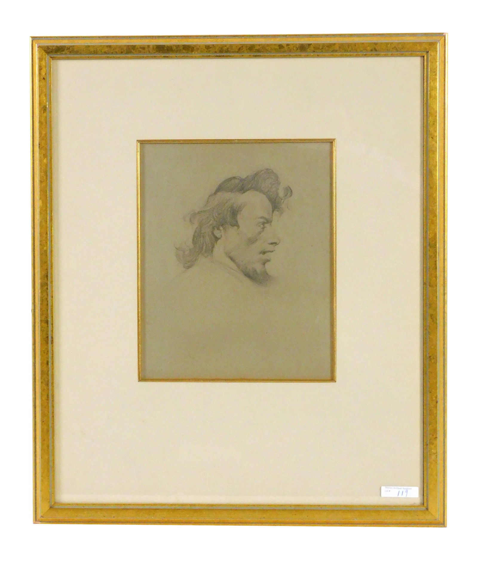 Frank V. DuMond (1865-1951, New York, California): William Keith, A character study. Portrait of the head of a man. Graphite on paper. Signed with initials. Comes with estate stamp. Exhibited at Art Students' League of New York, October to November, 1