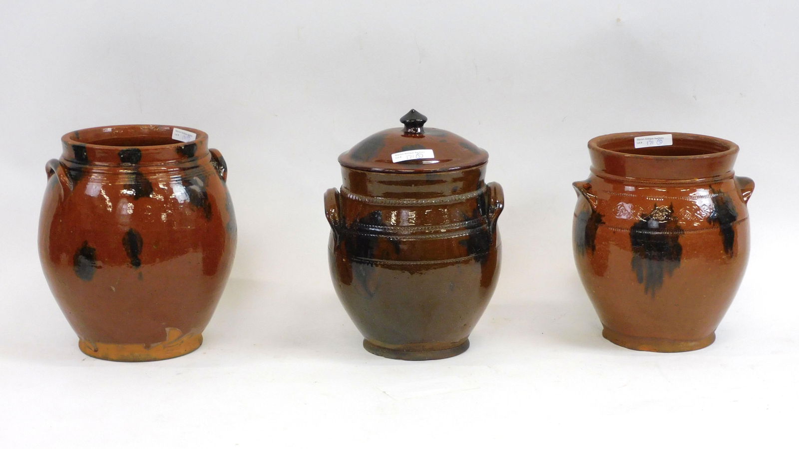 (3) redware handled ovoid crocks. Early 19th (1 of 8)