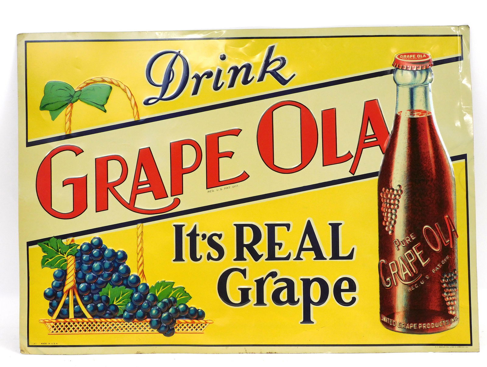 Litho tin Drink Grape Ola soda sign, embossed (1 of 2)