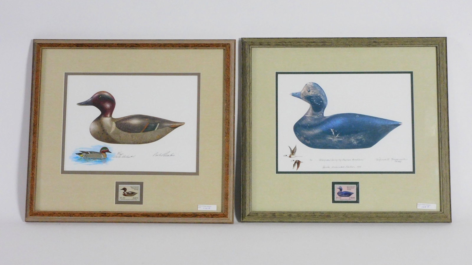 (2) Massachusetts duck stamp prints. One is Bob: Piscatori (20th/21st century), Green-wing Teal Drake by Joseph Lincoln, pencil signed lower right, edition #3/35, Duck Unlimited with 2003 state duck stamp., nicely framed and matted, 17 1/2" x 19 3/4