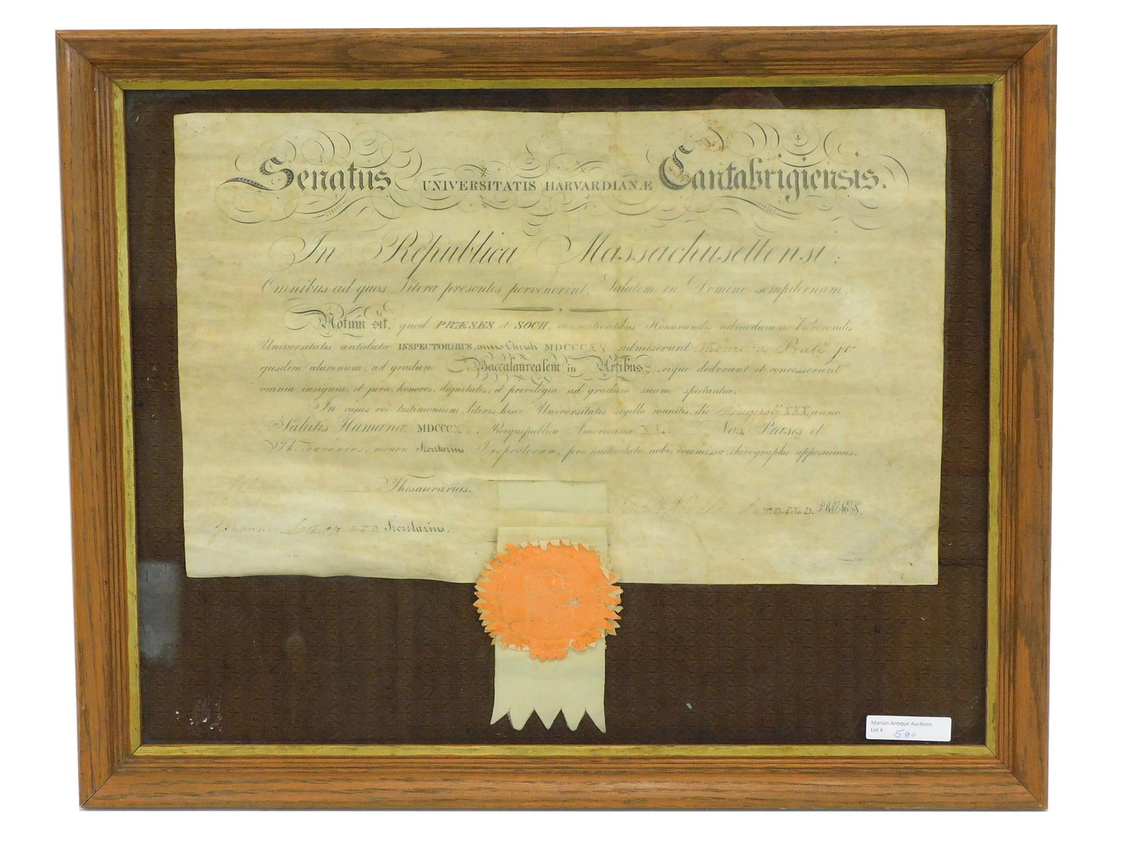 Harvard University, 1815 diploma for a Bachelor's: degree award to Thomas Pratt on parchment in Latin. Engraved by T. Wightman with attached Harvard seal. Sight size 12 1/2" x 15 1/2", with frame 16" x 20". Good condition with minor staining.