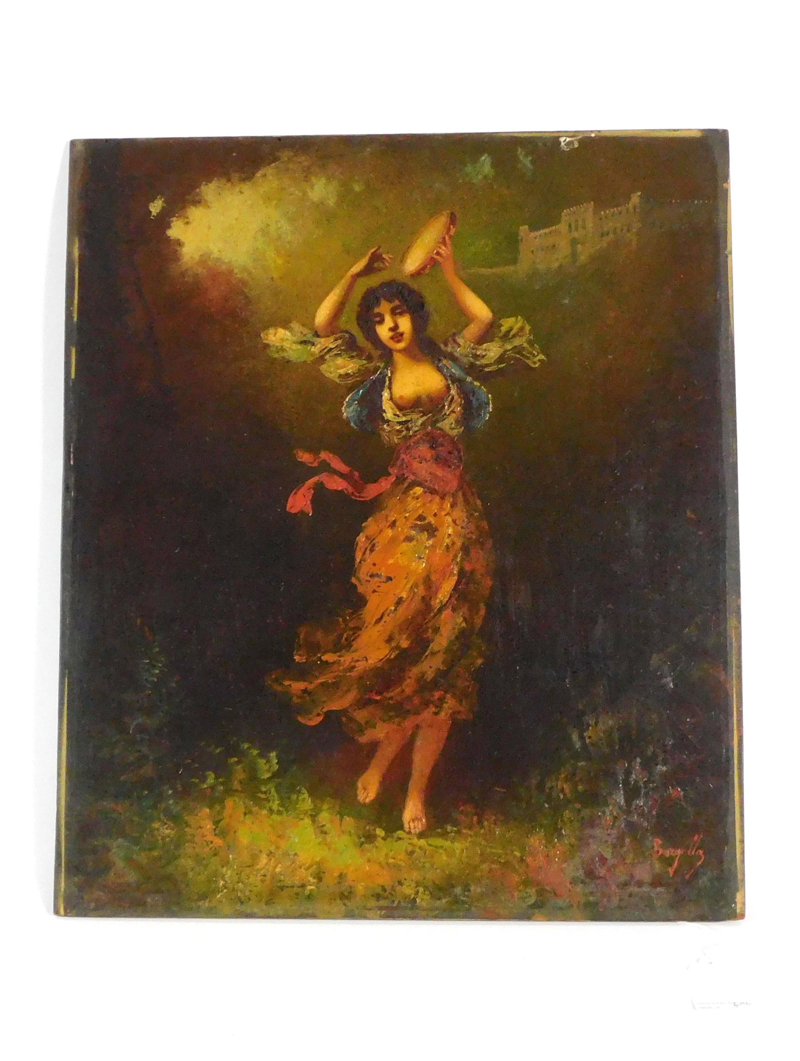 Fredric Borgellia (1833-1901, France) oil on: panel. Bohemian female dancer. 22" x 18 3/4". Unframed. Shows some paint loss.