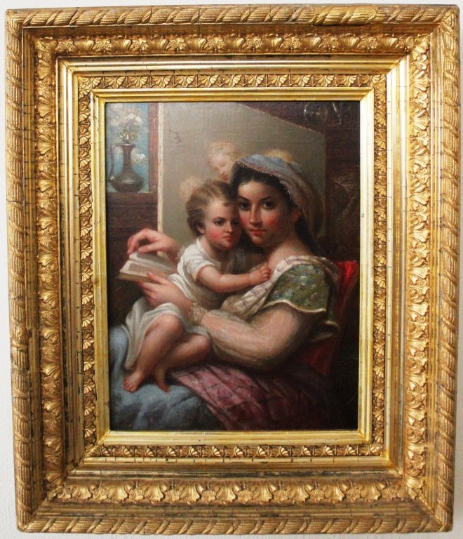 OIL PAINTING ON BOARD TITLED "WOMAN AND CHILD": BY CEPHAS GIOVANNI THOMPSON, NOT SIGNED, CIRCA 1860, IN PERIOD GOLD GILDED FRAME, EXHIBITED AT FRUITLANDS MUSEUM AND CAHOON MUSEUM, 12 1/4" X 9 1/2"