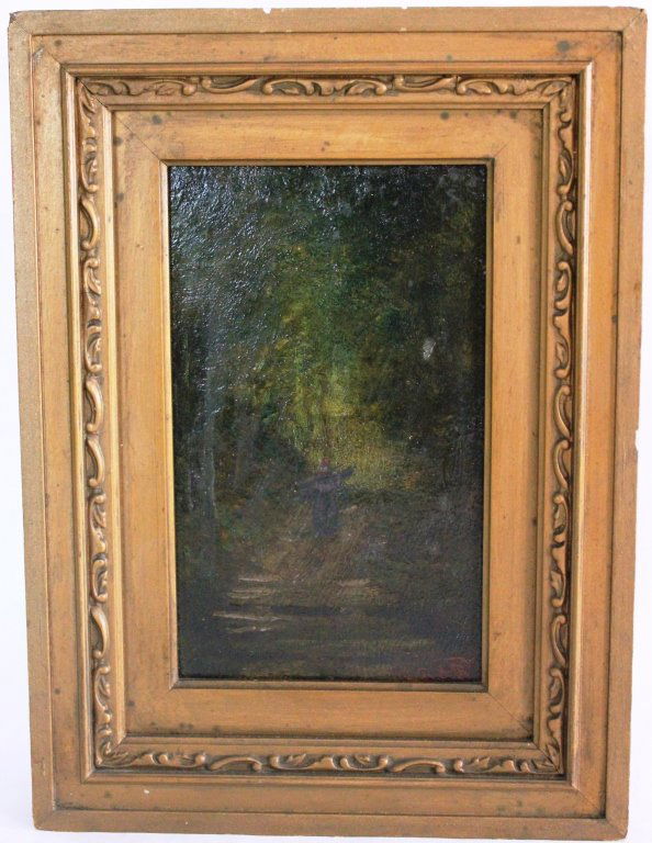 FRAMED OIL ON BOARD BY RALPH ALBERT BLAKELOCK: (1847-1919), WOODLAND LANDSCAPE WITH FIGURE, SIGNED LOWER RIGHT R.A.B. MONOGRAM, 7 1/4" X 4 1/2" IN ORIGINAL FRAME