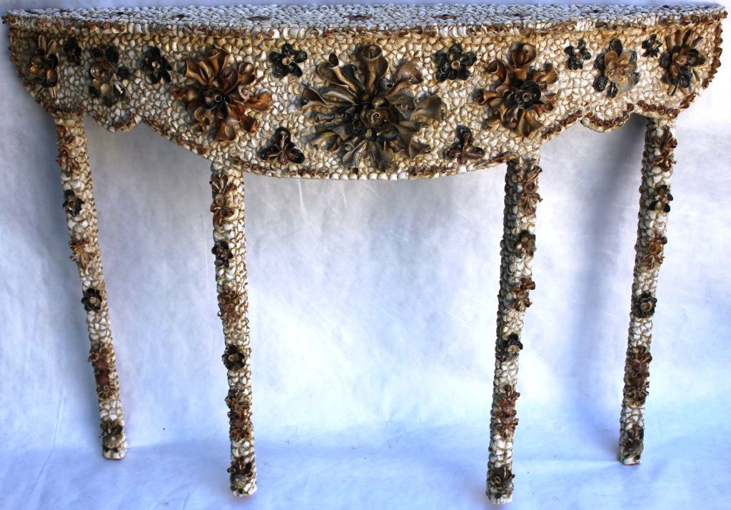 RARE MID-20TH CENTURY SEASHELL CONSOLE TABLE,: ELABORATE SHELL WORK DESIGN ON WOODEN FRAME, 39" HIGH, 56" WIDE, 12 1/2" DEEP