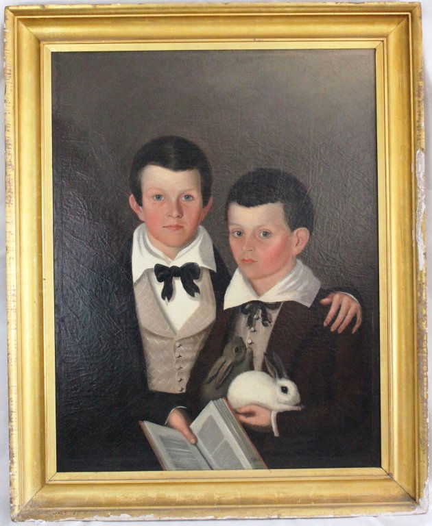 MID 19TH CENTURY FRAMED OIL ON CANVAS PORTRAIT: OF THE DREW BROTHERS, AGE 12 AND AGE 9, WITH RABBITS AND BOOK, UNSIGNED, BY JOSEPH GOODHUE CHANDLER, 1813-1884, EXHIBITED AT MUSEUM OF FINE ARTS, BOSTON AND ADDISON GALLERY OF AMERICAN ARTS, PHILLIPS