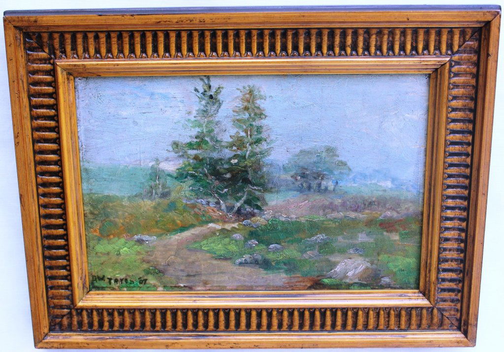 FRAMED OIL PAINTING ON BOARD BY DWIGHT TRYON,: SIGNED LOWER LEFT, DATED 1907, WOODLAND LANDSCAPE, OLD SKINNER LABEL ON REVERSE, MINOR FLAKING, 7" X 11"