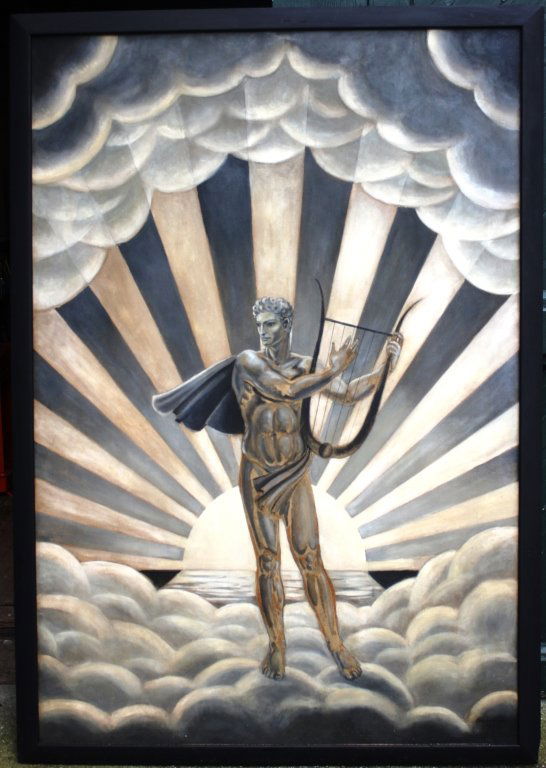 FRAMED OIL ON MASONITE BOARD, CLASSICAL ART DECO: DEITY WITH HARP AGAINST A RISING SUN BY WHEELER WILLIAMS, MINOR INPAINTING, 68 1/2" X 47", FAINTLY SIGNED LOWER RIGHT, DATED 1933