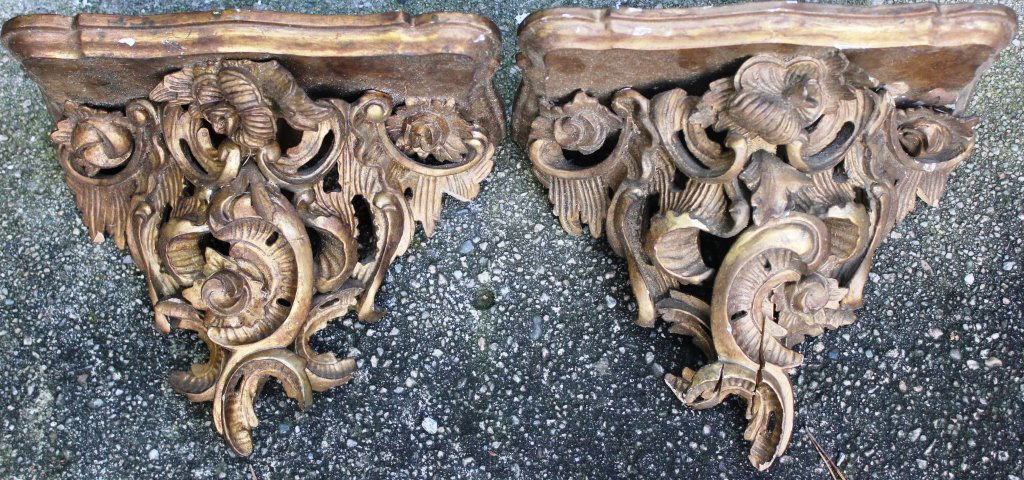 PAIR 19TH CENTURY CARVED AND GILDED WALL BRACKETS: WITH MINOR DAMAGE, 7 1/2" DEEP, 13" WIDE, 10" HIGH