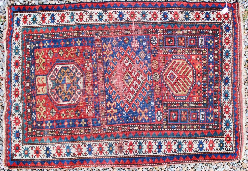 EARLY 20TH CENTURY CAUCASIAN PRAYER RUG, POSSIBLY: KAZAK, SHOWS WEAR THROUGH CENTER, 38" X 54"