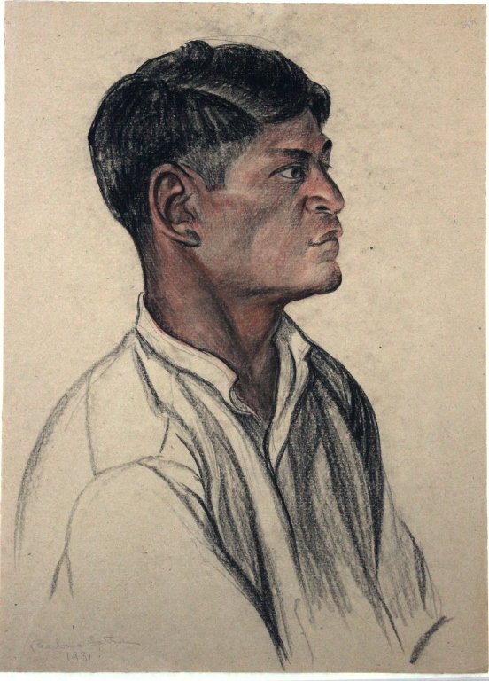 UNFRAMED CHARCOAL AND CRAYON DRAWING DEPICTING: HEAD OF A YOUNG MAN BY BARBARA LATHAM, UNSIGNED, 13 1/2" X 9 3/4"
