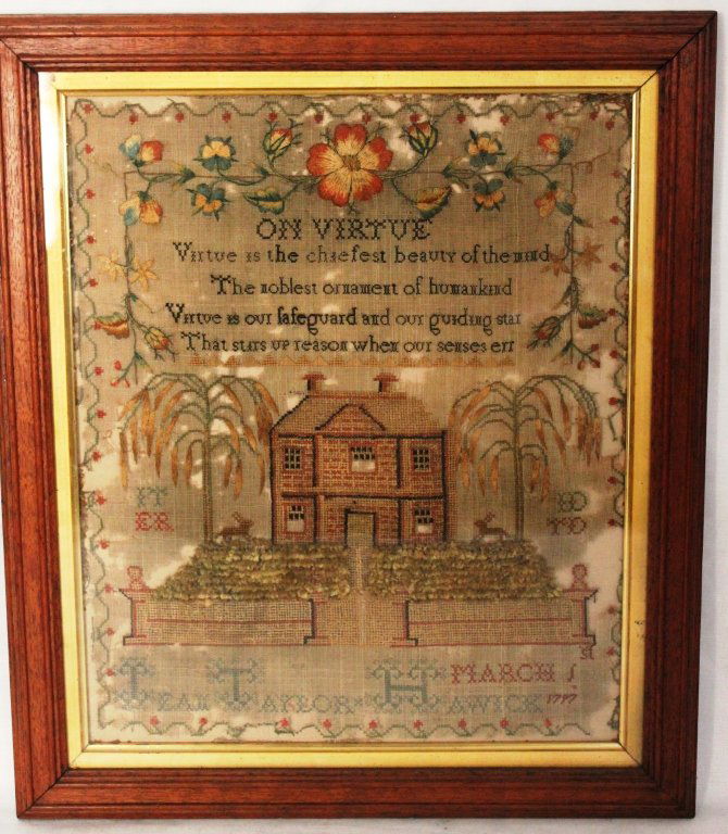 FRAMED AND GLAZED NEEDLEWORK SAMPLER WITH VERSE,: FLORAL BORDER, HOUSE AND TREES, BY JEAN TAYLOR HAWICK, MARCH 1, 1797, POOR CONDITION, 16" X 12 3/4"