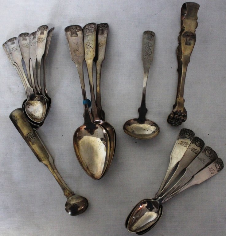 20 MISC. PCS OF COIN SILVER FLATWARE, BASKET OF: FLOWERS & SHEATH OF WHEAT DESIGNS, SPOONS AND 2 LADLES, SOME BY WATSON, LORD AND PALMER, 15.1 TROY OZ.
