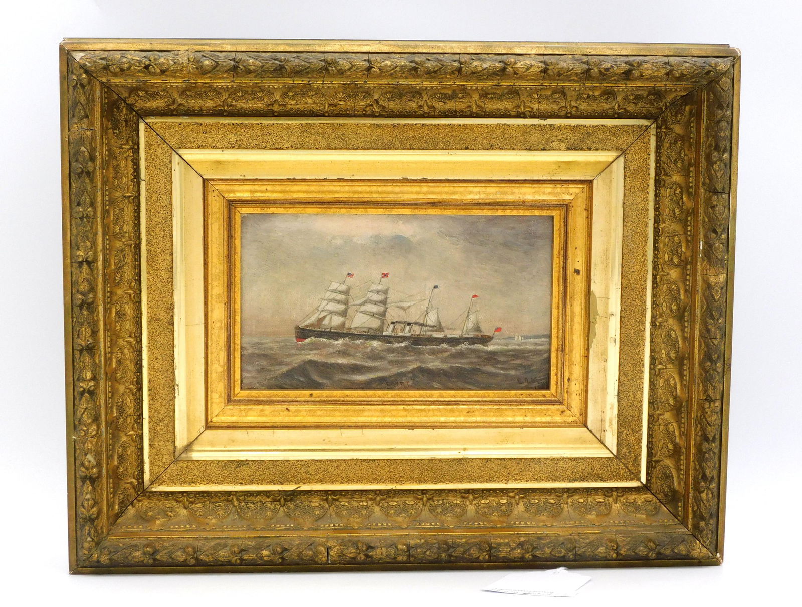 Clement Drew (1806-1899): Oil painting on panel. Depicts the ship Egypt under sail, built 1871 Liverpool England 4670 tons. Signed lower right and dated 1883. Also dated on verso. Sight size 4 1/4" x 7 1/4". In an exceptional