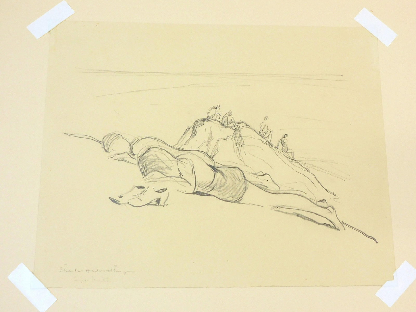 Charles Herbert Woodbury (1864-1940),: Maine and Massachusetts artist. Worked in Ogunquit, Maine and Boston. Pencil drawing titled "Sunbath" depicting figures on a beach, probably Ogunquit, signed lower left. Unframed. Sight size 11" x 14 