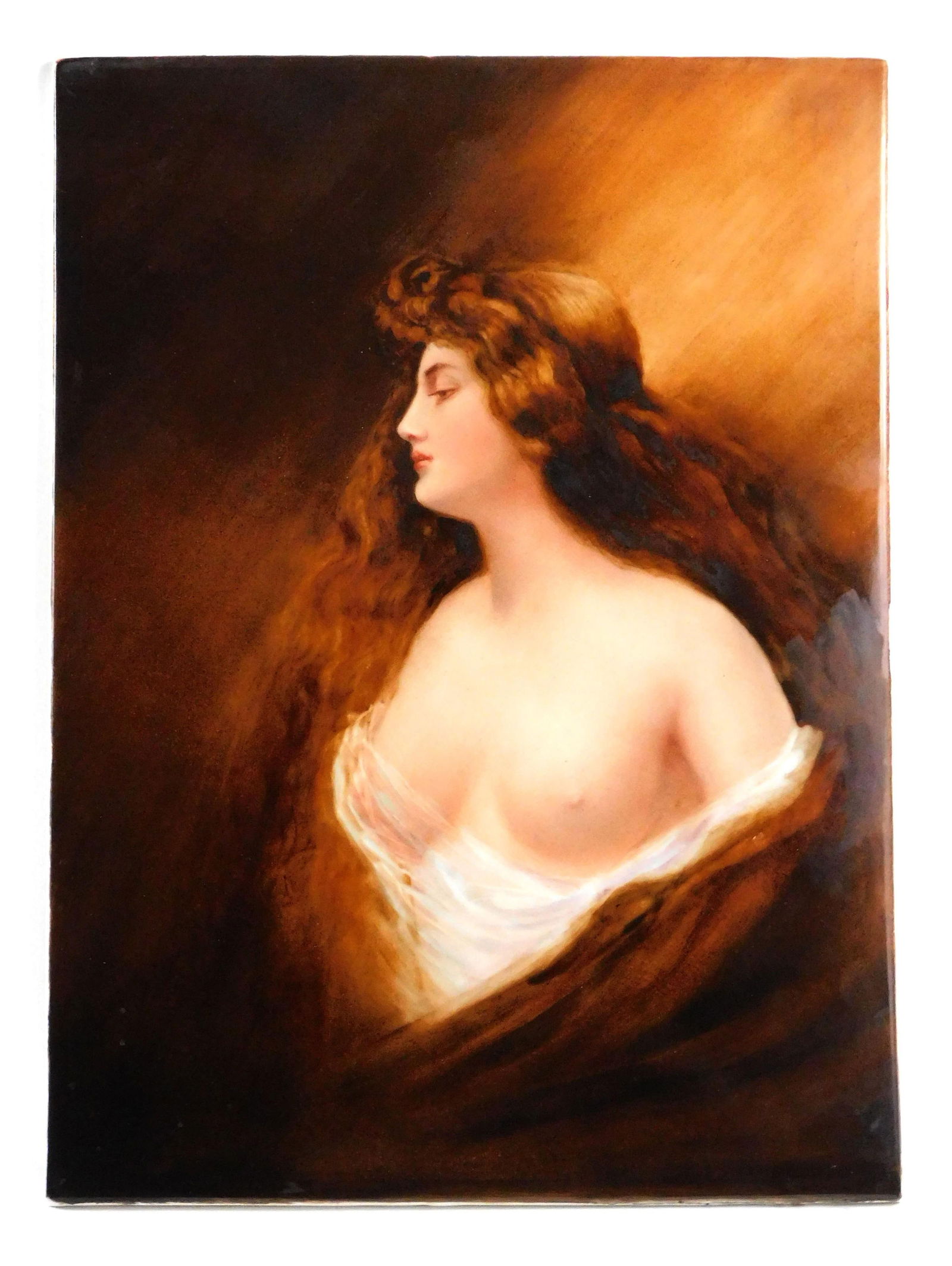German Porcelain Plaque: KPM style, ca. 1900. Depicting a partially clad young woman with flowing red hair. 16 1/2" x 12". No frame.