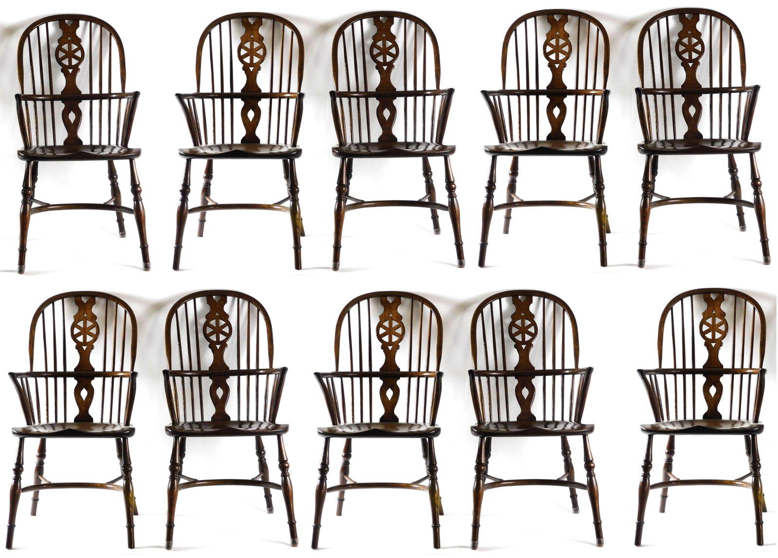 Set Of 10 Custom Made Windsor Armchairs: English style, modern 18th c reproductions, oak, with wheelback design, 41" high, 21" wide, 21" deep, 19" seat height. Very good condition.