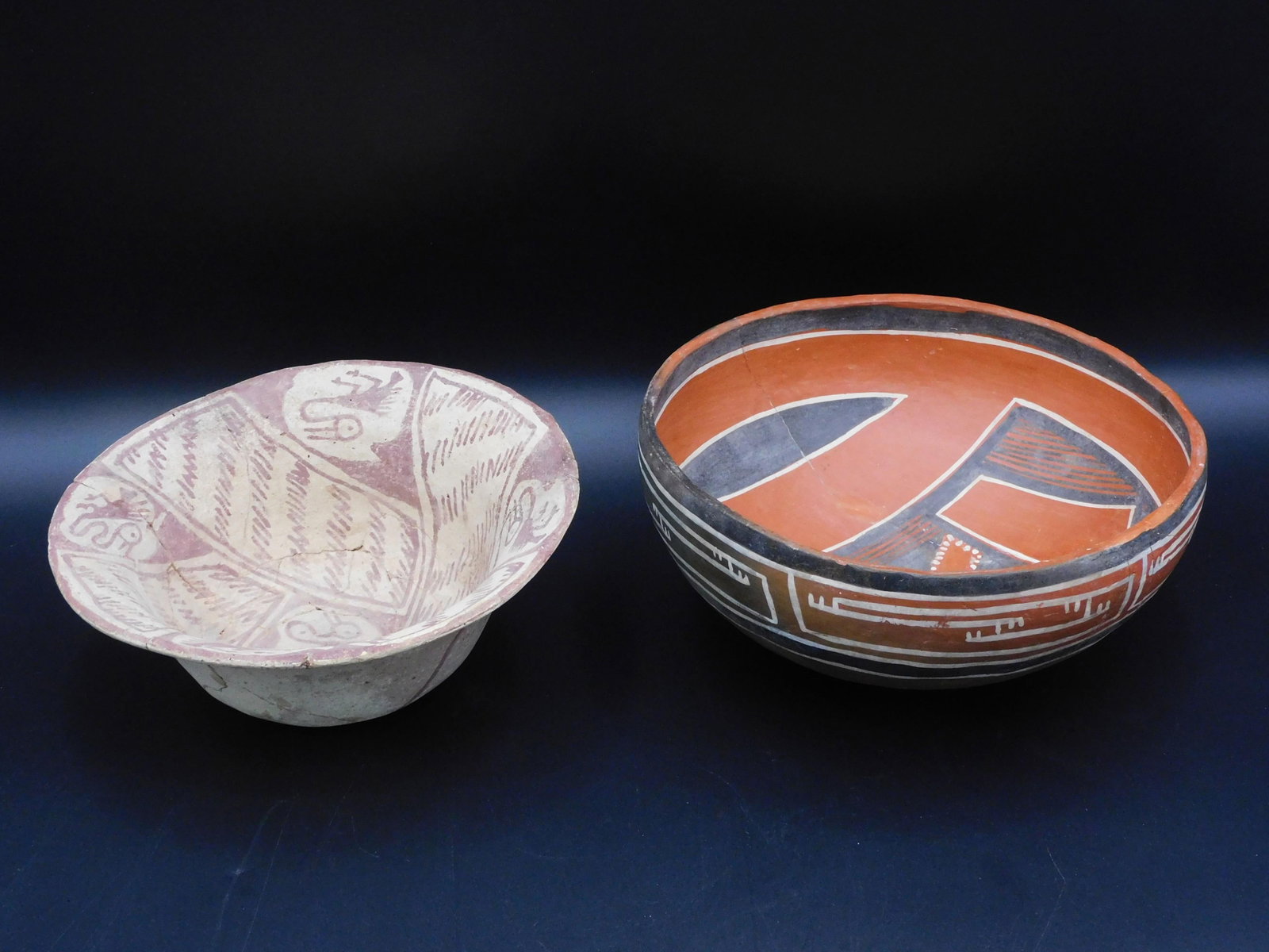 2 Hohokam And Mimbres Pottery Bowls,: Pre-Columbian, one with bird and geometric designs, restored, 3 1/2" high x 8 1/4" diameter, along with a Jeddito bowl with geometric design, restored, 4 1/4" x 9".