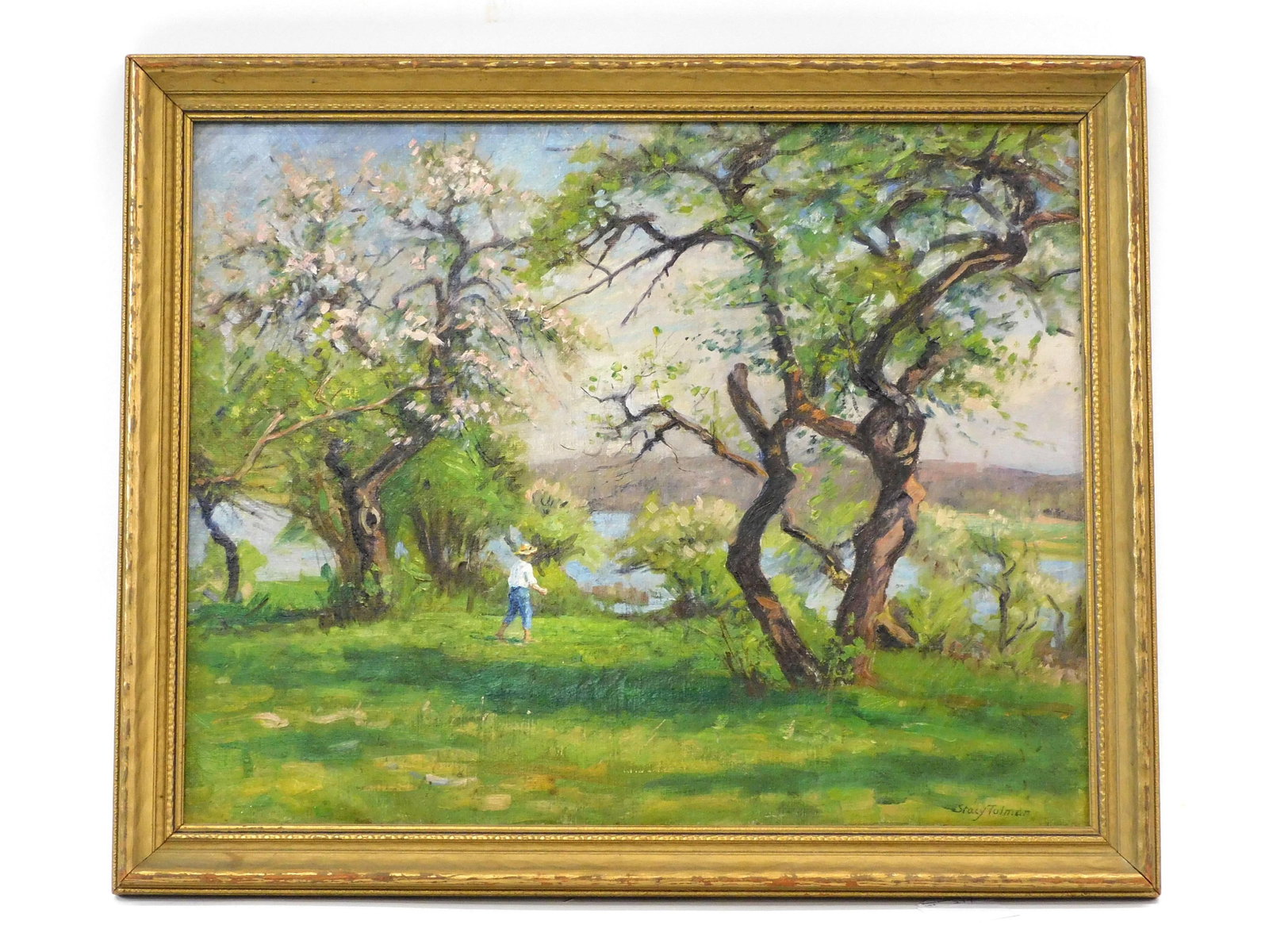 Stacy Tolman (1860-1935): Rhode Island and Massachusetts. Oil painting on canvas. Landscape with river and male figure with straw hat. Sight size 15 1/2" x 19 1/2". Overall size 18 1/2" x 22 1/4".