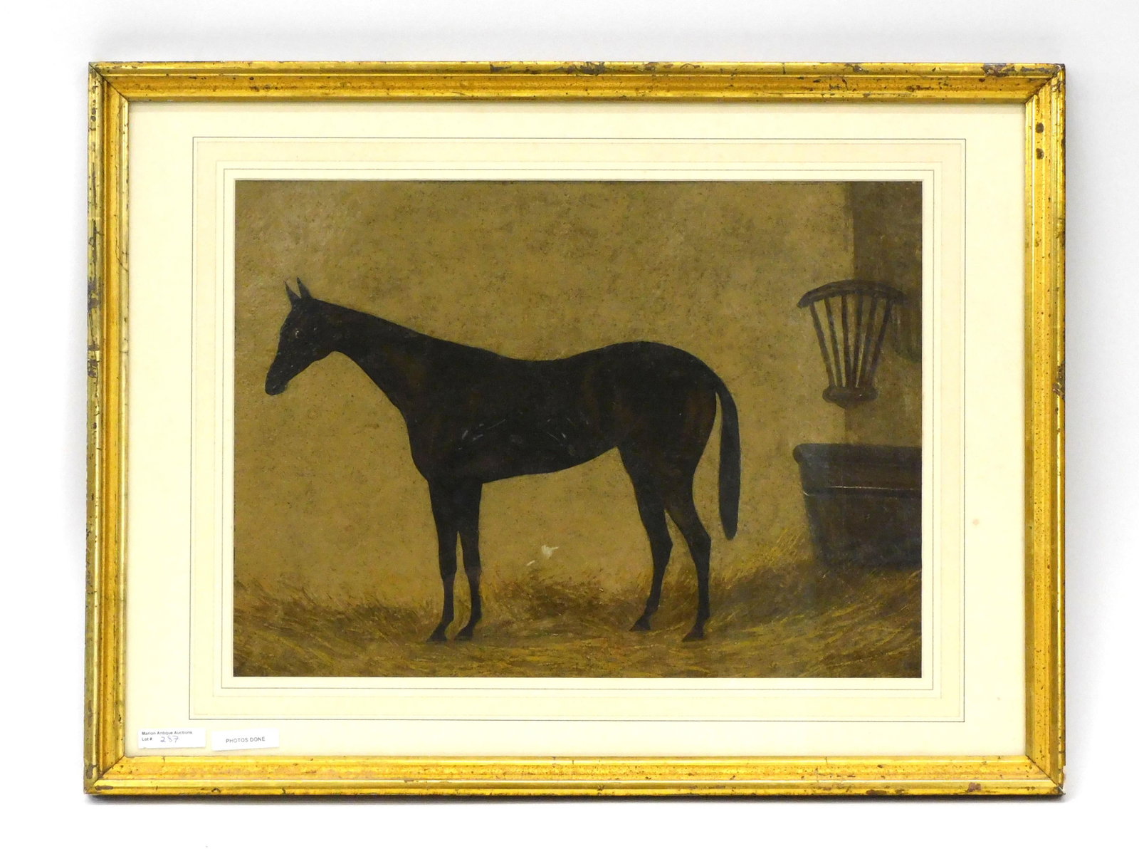 Folk Art Portrait Of A Horse: 19th c. Possibly English school. Oil painting framed under glass. Sight size 13" x 17 3/4". Carved gilded frame, shows wear. 19" x 25 1/2" overall size.