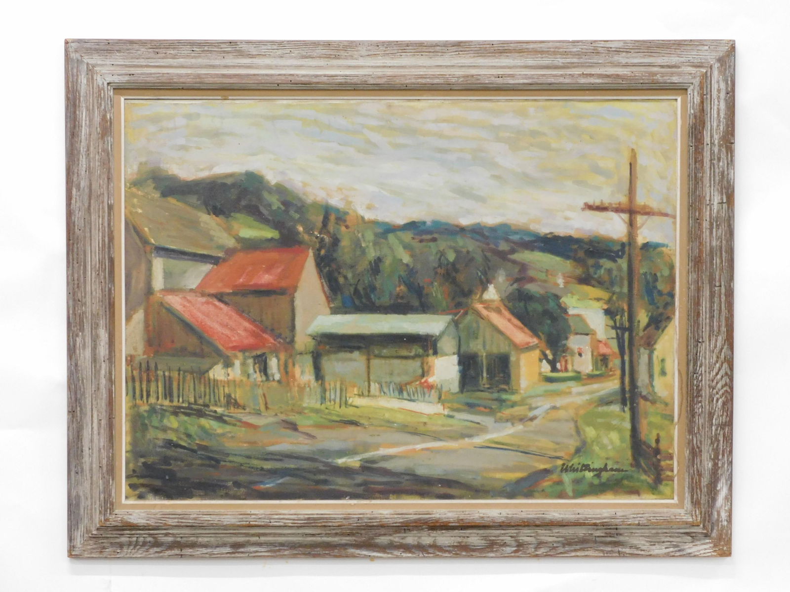 Bonnie Whittingham (1921-1997): Massachusetts, New York, and California. Oil painting on canvas. Old farm scene. Signed lower left also stretcher is signed. Sight size 26 1/2" x 36". In a period driftwood finish Charles Harris frame
