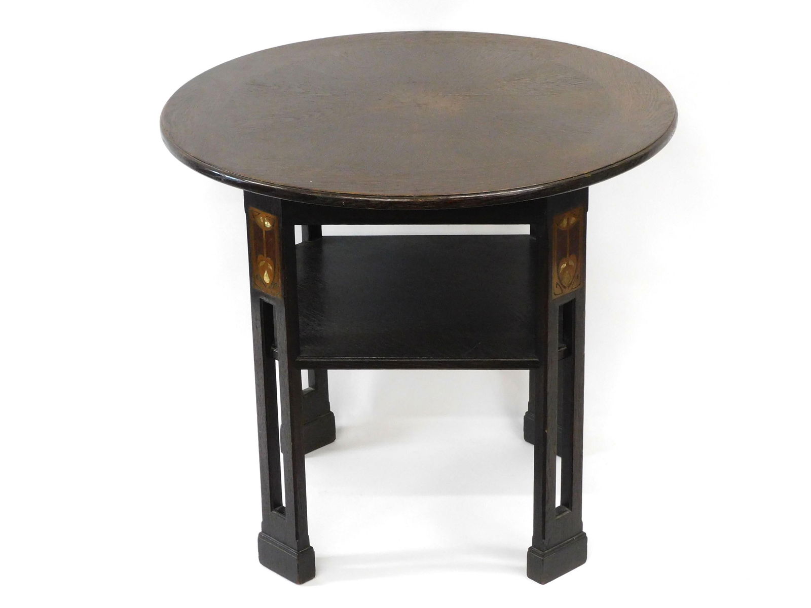 Vienna Secession Jugendstil Oak Lamp Table: Late 19th / early 20th In the manner of Koloman Moser, Josef Hoffmann. Four legs with openwork design. Inlaid with copper and mother of pearl. Matched veneer inlaid top. Lower shelf. Original finish s