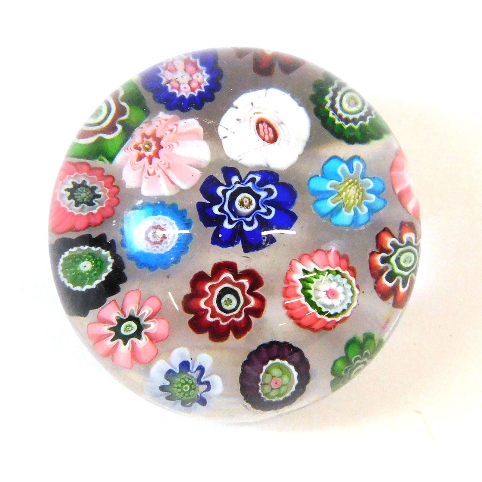 Antique Clichy Millefiori Paperweight: 2" diameter x 1 1/2" high. Good condition.